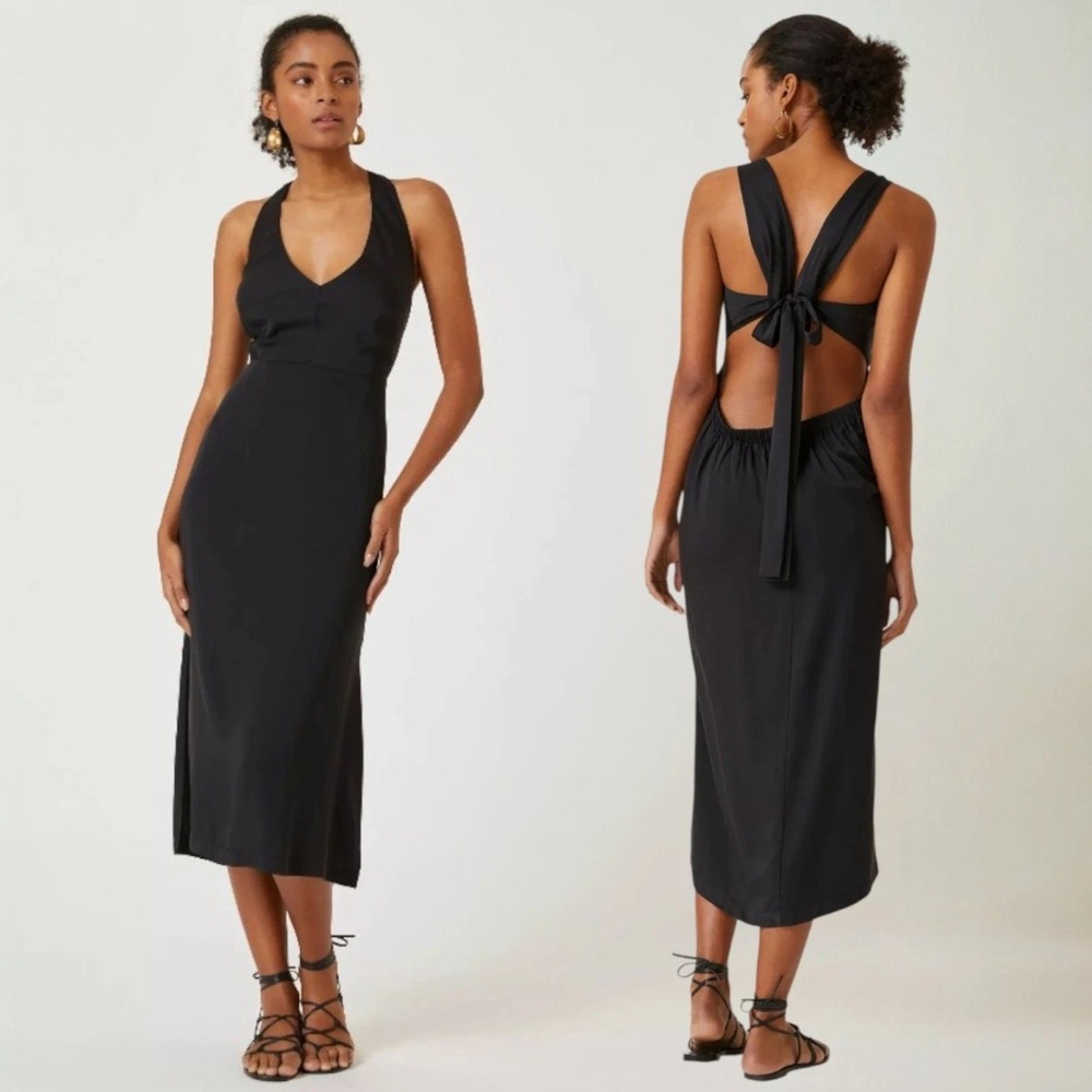 Anthropologie Black V Neck Tie Back Cutout Dress Size Small Midi Sexy Vacation